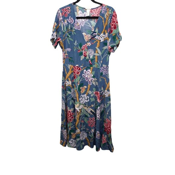 GP& J.Baker x H.M Floral & Bird Patterned Short-Sleeve Max Dress V-Neckline Ligh - Picture 1 of 8